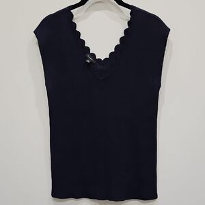 Talbots Navy Scalloped V-Neck Sleeveless Top